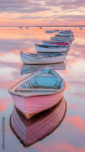Wallpaper Mural Pink Boat at Sunrise, Calm Waters Reflecting Pastel Sky Torontodigital.ca