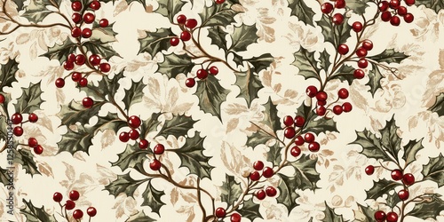 A vintage holly pattern with intricate detailing, set against a neutral background for a classic look.