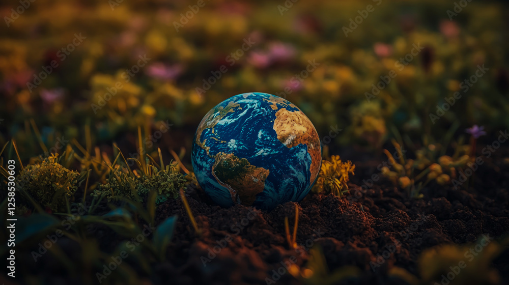Globe of Earth resting on vibrant green grass amidst cracked, dry soil; representing drought, environmental protection, climate change, sustainability, ecology, and the fragile balance of nature. Globe of Earth resting on vibrant green grass amidst cracked, dry soil; representing drought, environmental protection, climate change, sustainability, ecology, and the fragile balance of nature.