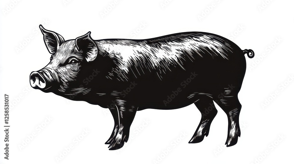 Fototapeta premium Monochrome Illustration of a Domestic Pig with Fine Hatching