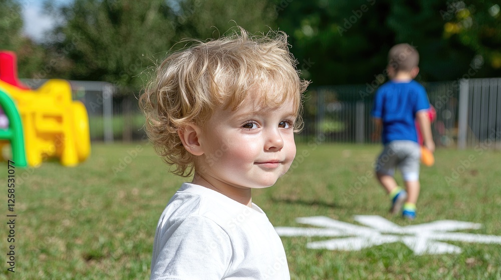 Child smiles in playground, sunny day, kids play background. Possible use Stock photo for children's activities Child smiles in playground, sunny day, kids play background. Possible use Stock photo for children's activities