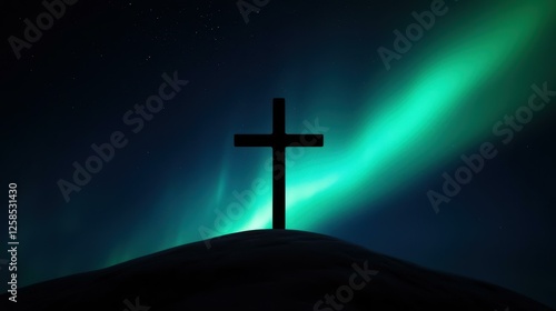 Christian Cross Silhouette Against Majestic Aurora Borealis Sky Spiritual Beacon of Hope and Faith photo