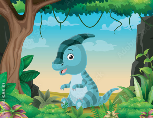 Cartoon baby parasaurolophus sitting on the jungle