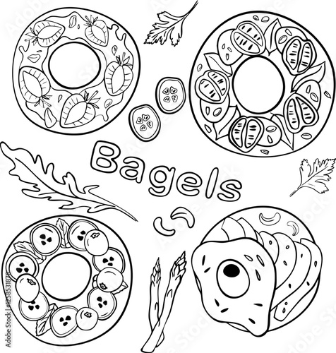 Bagels set. Baked donuts. Fresh bakery and buns products with fruits and vegetables, cheese, egg and greenery.