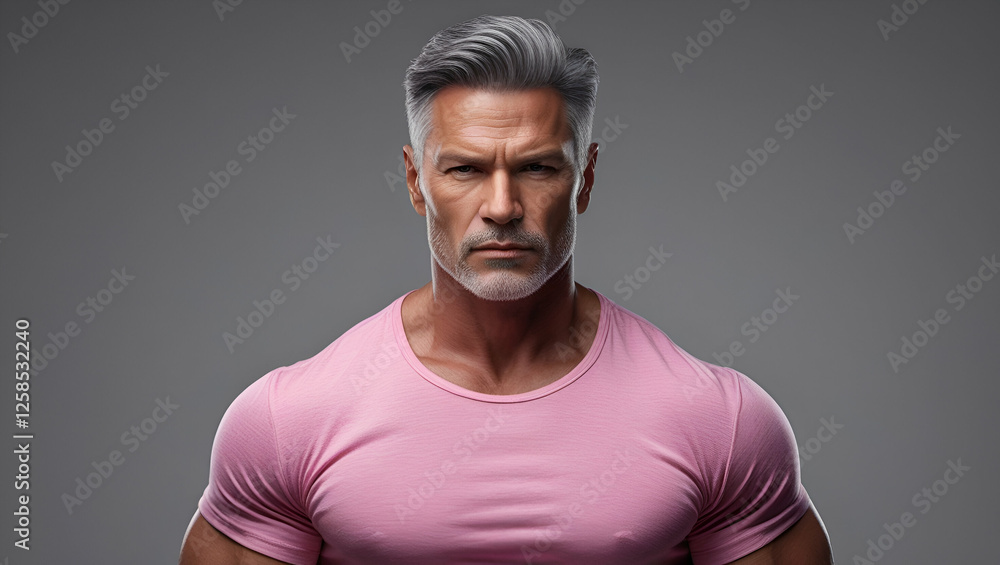 Obraz premium A studio portrait of a confident, mature man wearing a pink t-shirt