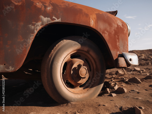 A close-up of a rusted vintage car in a desolate landscape, with intricate details of wear and tear, captured in ultra-realistic detail with dramatic cinematic lighting. photo