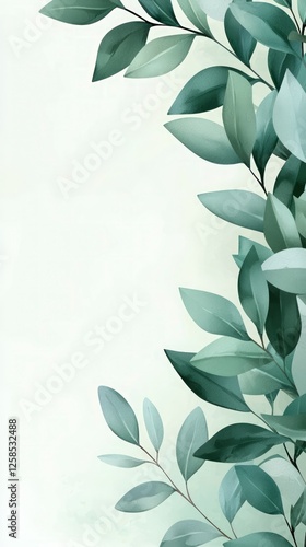 Grey and Green Watercolor Leaves Border on White Background
