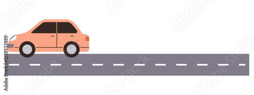 Orange car travels on a grey road marked with white dashed lines, representing transport, travel, road safety, navigation, urban mobility, journey planning, and motor vehicles. Flat color icon