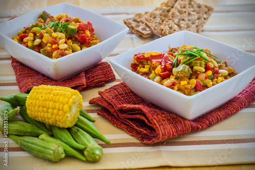 bowls of fresh succotash served with crisp bread