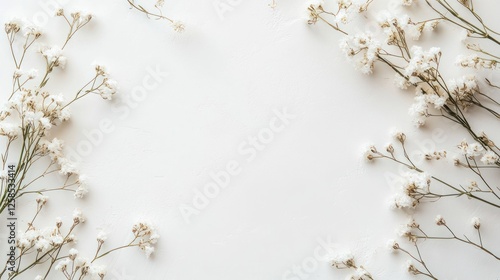 Delicate white flowers arranged on a minimalistic background, perfect for greeting cards or wedding invitations showcasing natural beauty.