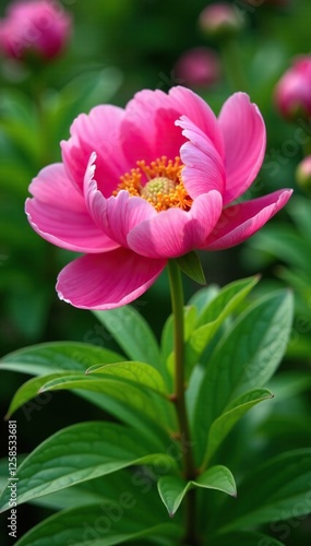 Pink peony flower with lush green leaves in a garden bed, flowers, garden, botanical