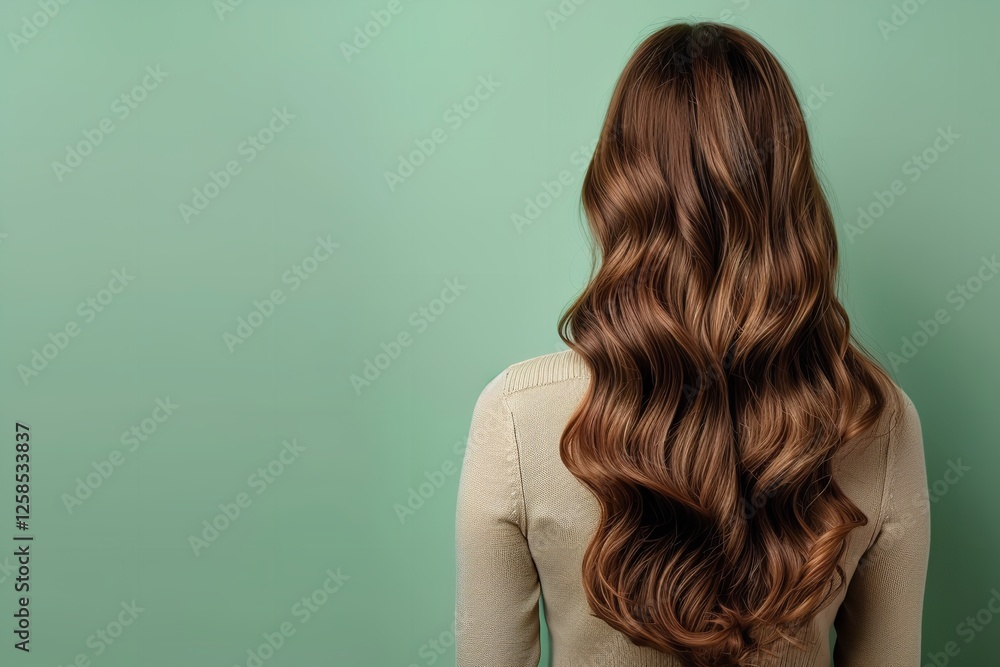 A lady with velvety silky mocha mousse hair is seen from behind over a pale green setting cosmetic care lovely hue and space, Generative AI. A lady with velvety silky mocha mousse hair is seen from behind over a pale green setting cosmetic care lovely hue and space, Generative AI.