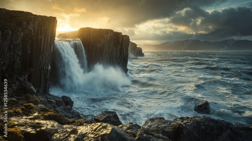 Obraz premium Majestic Waterfall Crashing into a Turbulent Ocean at Sunset