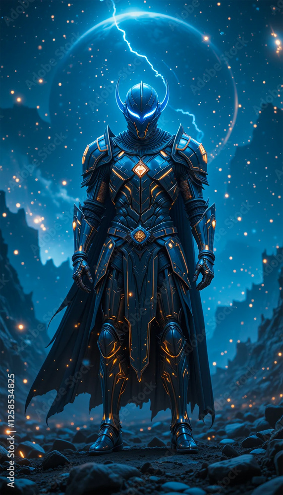 Armored warrior standing in a fantasy battlefield Armored warrior standing in a fantasy battlefield