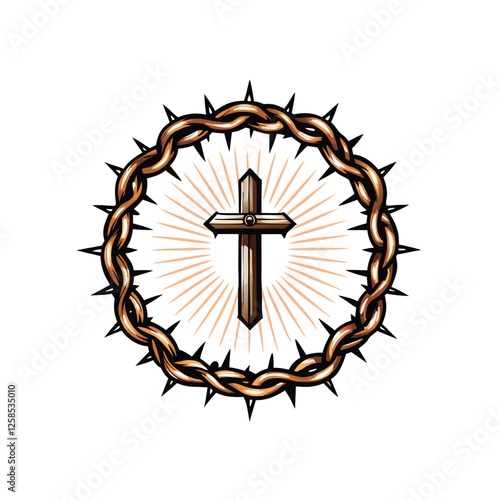 A luminous cross, encircled by a crown of thorns, radiating ethereal light against a dark background.