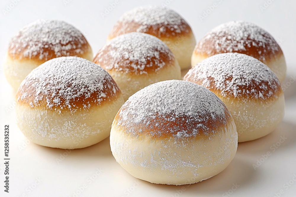 Seven round, baked buns are dusted with powdered sugar against a stark white background. Seven round, baked buns are dusted with powdered sugar against a stark white background.