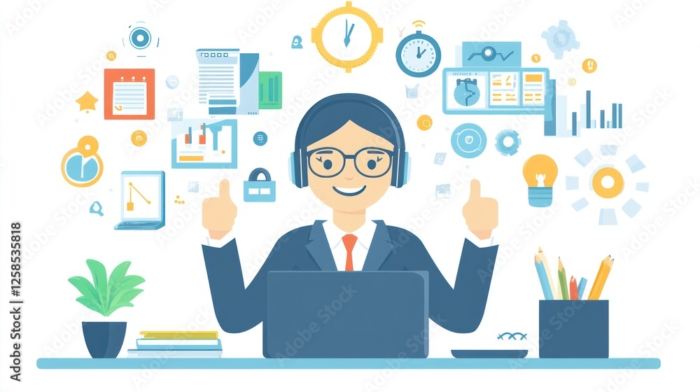 Fototapeta premium Happy Businessperson Managing Multiple Tasks Colorful Icons