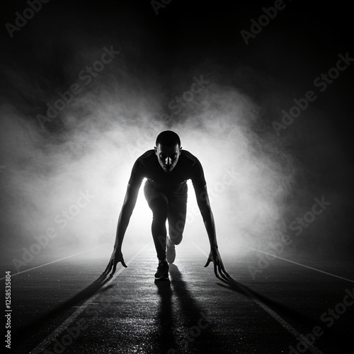 Sprinter Poised on Track Ready to Run in Dramatic Silhouette