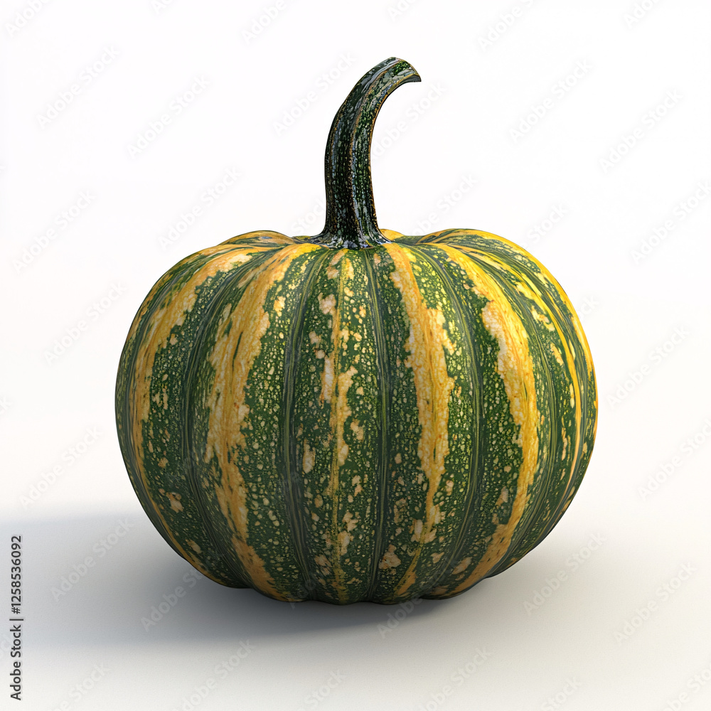 Green and gold striped squash with a curved stem, isolated on a white background. Green and gold striped squash with a curved stem, isolated on a white background.