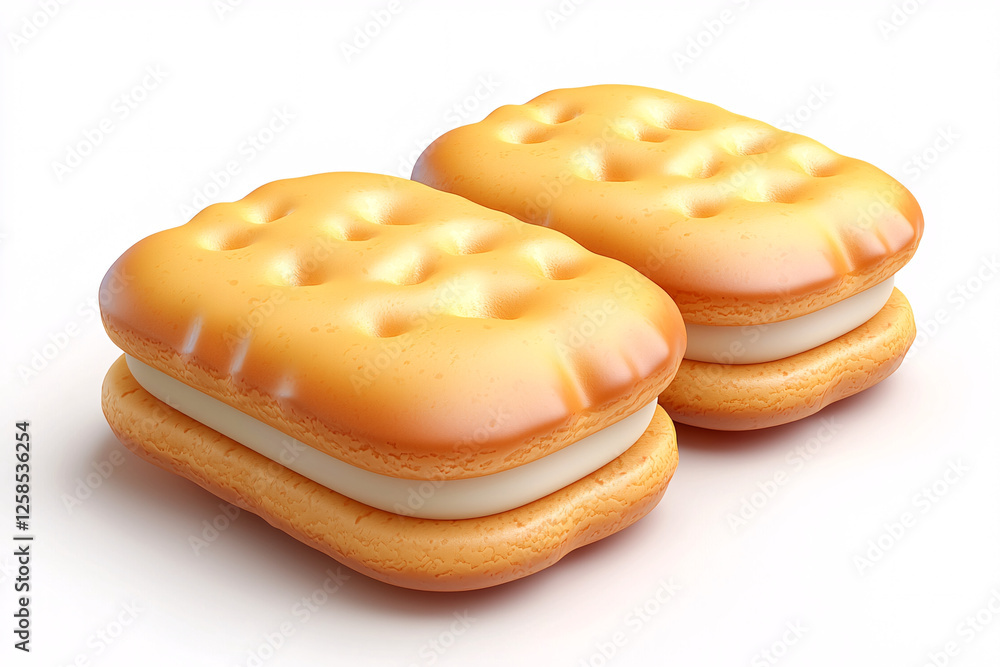 Two rectangular crackers with small holes, filled with a creamy layer, stand on a white surface, softly shadowed. Two rectangular crackers with small holes, filled with a creamy layer, stand on a white surface, softly shadowed.