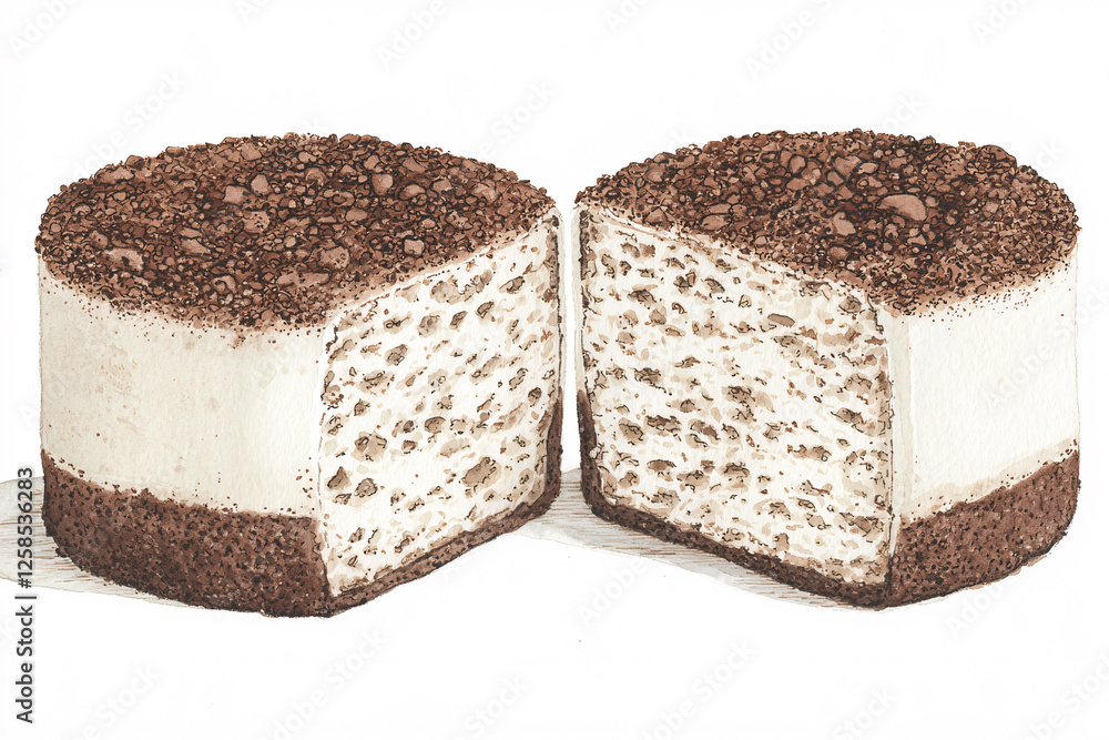 Two slices of a layered dessert with crumb topping, creamy filling, and a darker base, presented on a white background. Two slices of a layered dessert with crumb topping, creamy filling, and a darker base, presented on a white background.