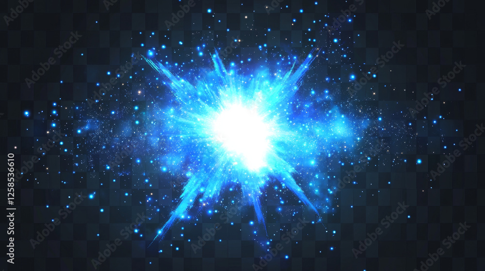 Fototapeta premium Blue explosion glow with bright light, rays and dust around flash with transparent effect. Realistic vector illustration set of magic energy glare with beams and sparkles. Star burst with radiance.