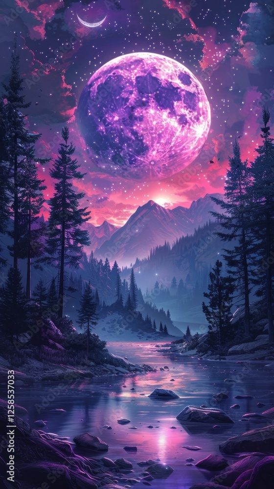 Fototapeta premium Vibrant night sky over mystical mountains with a large glowing moon and serene river in the foreground