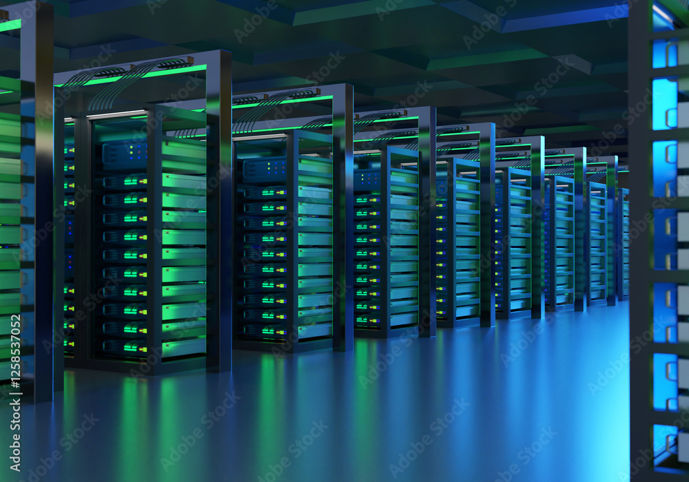 Server room. Data center interior. Hosting company. Server room with equipment on shelves. Telecommunication equipment with neon glow. Server technologies. Modern data center. 3d image Server room. Data center interior. Hosting company. Server room with equipment on shelves. Telecommunication equipment with neon glow. Server technologies. Modern data center. 3d image