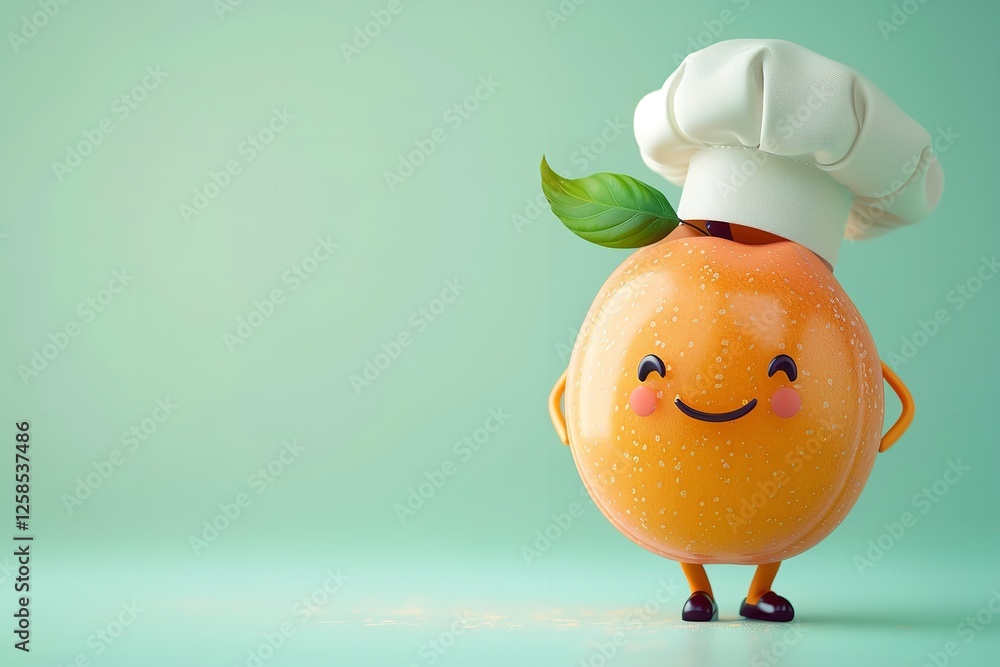 Over a pale green setting, an adorable animated apricot sporting a chef's hat with a joyful expression depicts cooking and healthy life lovely hue and space, Generative AI. Over a pale green setting, an adorable animated apricot sporting a chef's hat with a joyful expression depicts cooking and healthy life lovely hue and space, Generative AI.