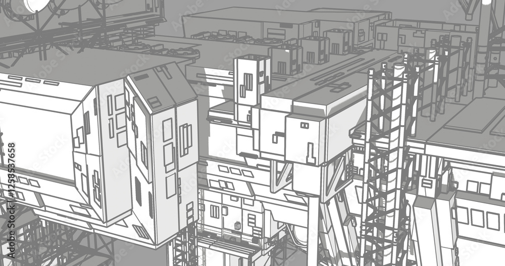 Industrial building Sci-Fi blueprint line art black outline aerial view HD 4K Industrial building Sci-Fi blueprint line art black outline aerial view HD 4K