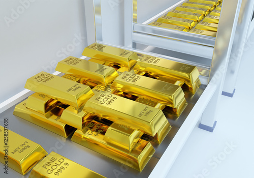 Gold bars on steel racks. B...