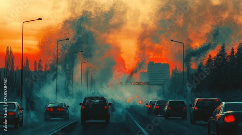 Traffic jam amidst urban pollution at sunset city road environmental impact photography busy highway dramatic viewpoint