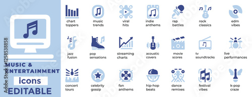 Music & EntertaDynamic Music and Entertainment vector sets editable icons for concerts, media, events and branding. Perfect for creatives
inment2.eps