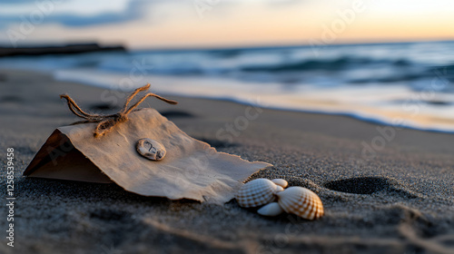 Wallpaper Mural Sunset Beach Message, Seashells Rest on Sand Near a Mysterious Package Tied with Twine. Torontodigital.ca