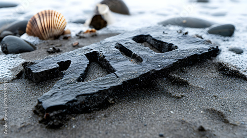 Wallpaper Mural Ocean's Enigma, Black Wooden Plank with Carvings on Sandy Beach near Shells and Stones Torontodigital.ca