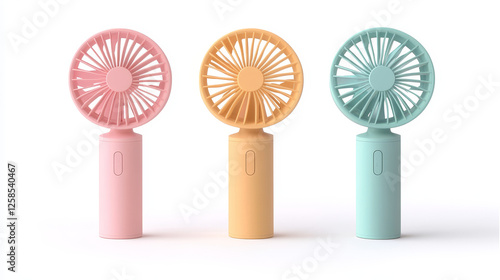 Cute portable handheld electric fan. Cartoon vector illustration set of summer childish hand mini ventilator for air cooling and blowing. Climate equipment with propeller for cool wind airflow.