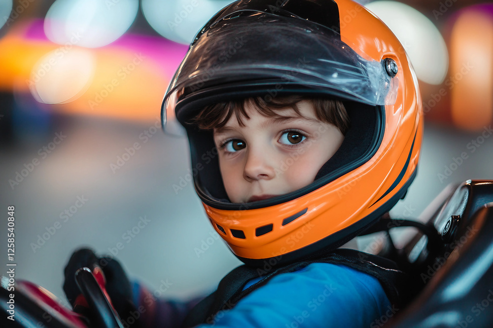 Adorable child in a racing helmet, ready for action on the track, showcasing enthusiasm for motorsport, generative AI Adorable child in a racing helmet, ready for action on the track, showcasing enthusiasm for motorsport, generative AI