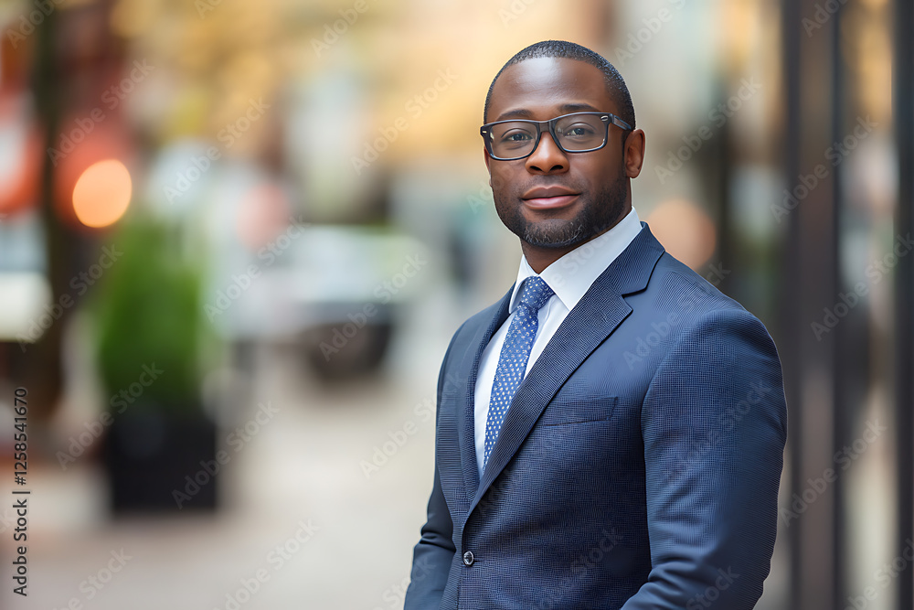 A confident and professional businessman wearing a stylish navy suit and glasses, standing outdoors in an urban setting. His poised demeanor and polished look convey success, leadership. A confident and professional businessman wearing a stylish navy suit and glasses, standing outdoors in an urban setting. His poised demeanor and polished look convey success, leadership.