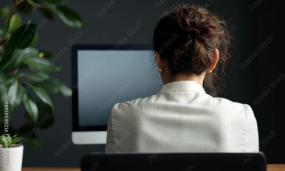 A woman in a light blazer sits before a computer, absorbed in work, with a lush green plant nearby, embodying focus, professionalism, and modern workspace aesthetics. A woman in a light blazer sits before a computer, absorbed in work, with a lush green plant nearby, embodying focus, professionalism, and modern workspace aesthetics.
