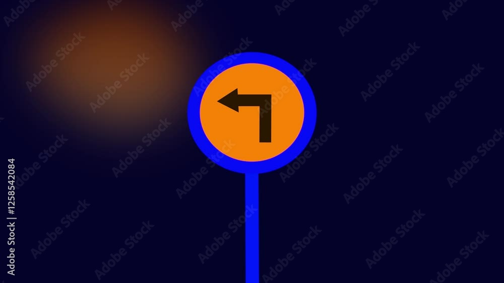turn left curve ahead road sign icon yellow board animation on black background. turn left curve ahead road sign icon yellow board animation on black background.