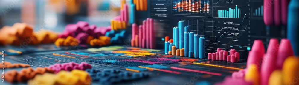 Fototapeta premium A vibrant display of data visualizations, featuring colorful bar graphs and charts, illustrating analytical trends and insights.
