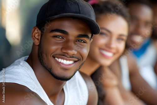 Wallpaper Mural Smiling Man with Friends: Joyful Group Portrait,  Expressing Happiness and Camaraderie Outdoors Torontodigital.ca