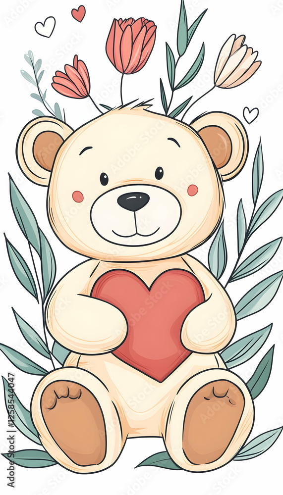 Fototapeta premium Cartoon bear holding heart, amidst floral foliage, for love, gift, card
