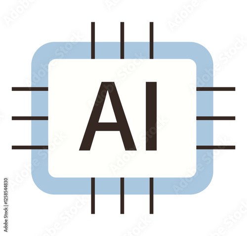 Simple microchip design featuring AI text at the center, surrounded by connecting lines. Ideal for AI, technology, computation, automation, innovation, machine learning digital systems. Flat color