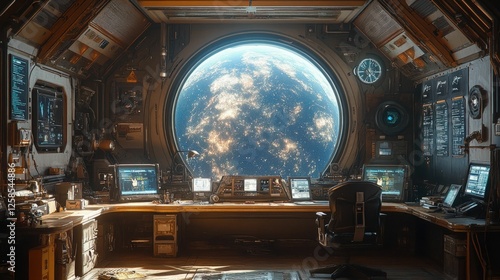Fototapeta Naklejka Na Ścianę i Meble -  Futuristic space station control room overlooking Earth