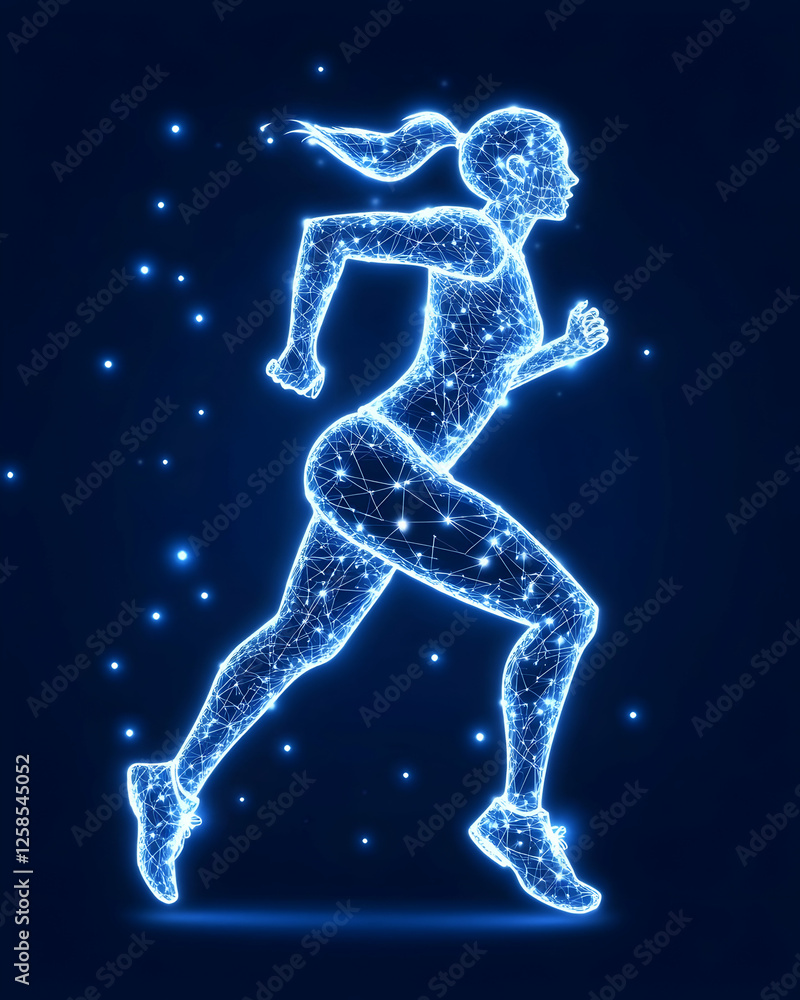 Digital woman running fast, with glowing, network background. For sports and health concepts Digital woman running fast, with glowing, network background. For sports and health concepts
