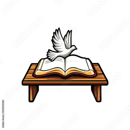 A white dove takes flight from an open Bible, sunlight illuminating its feathers and the sacred text.  Detailed, realistic rendering.