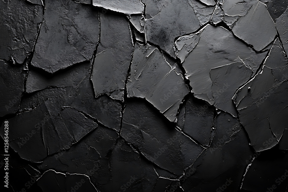 close-up of a cracked black stone surface with deep fissures and an uneven, rugged texture. The matte finish contrasts ideal for industrial, architectural, and abstract design applications. close-up of a cracked black stone surface with deep fissures and an uneven, rugged texture. The matte finish contrasts ideal for industrial, architectural, and abstract design applications.
