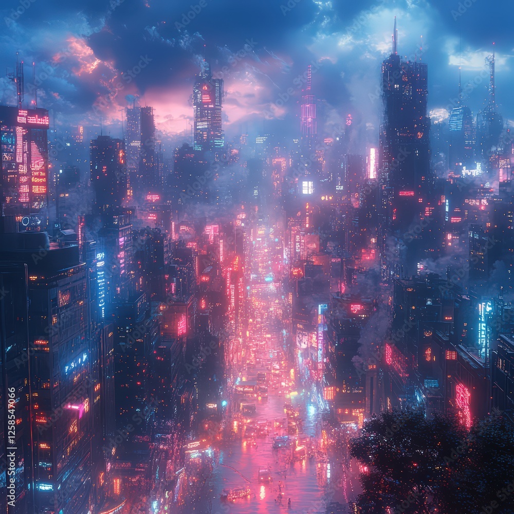 Fototapeta premium Neon cyberpunk aesthetic cityscape with glowing pink and blue lights
