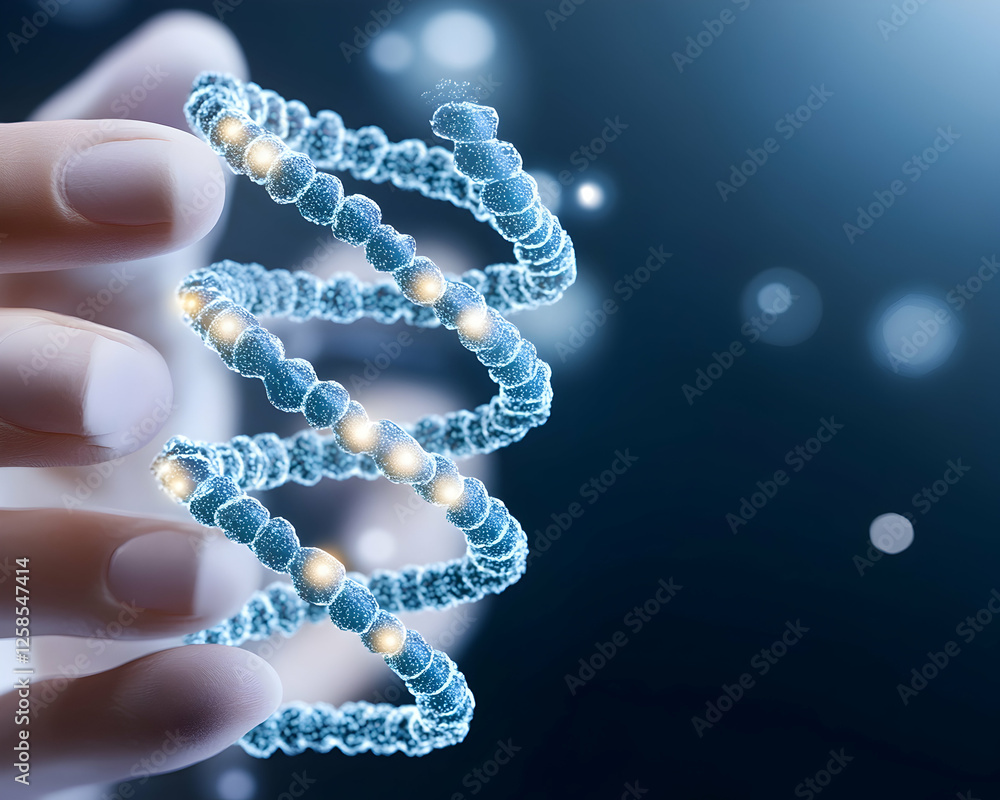 Hand holds illuminated DNA strand, isolated, science background. Scientific illustration Hand holds illuminated DNA strand, isolated, science background. Scientific illustration